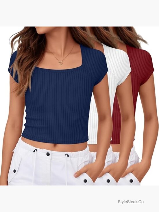 3 Pack Girls Ribbed Crop Tops Square Neck Short Sleeve Tees 5-14y